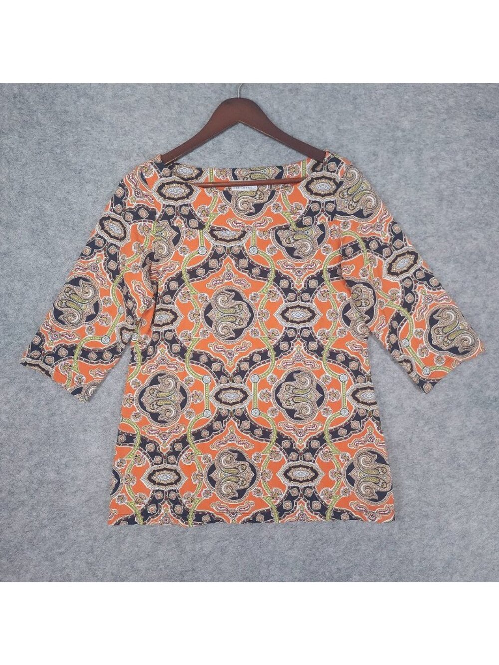 Jude Connally Top Womens Large Orange Paisley Boat Neck 3/4 Sleeve Made in USA